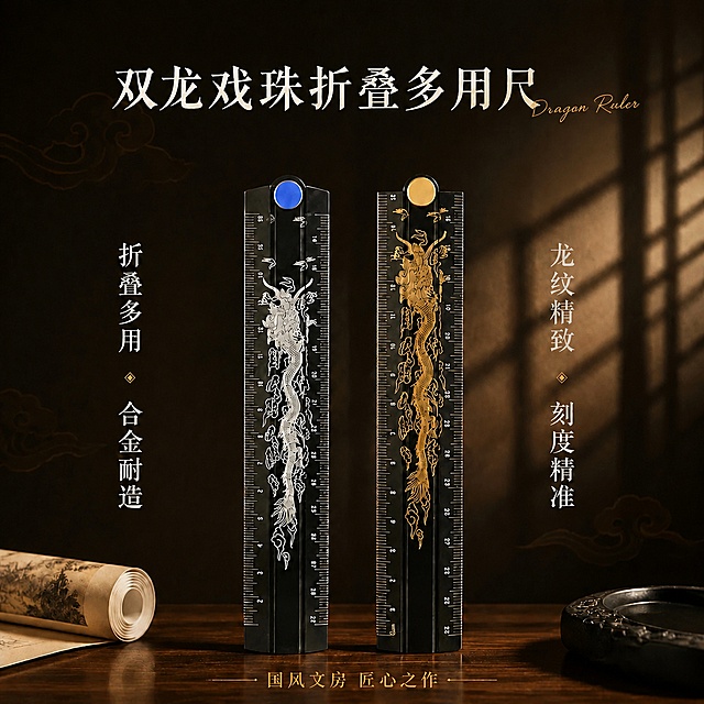 将画面顶部的标题文字「双龙戏珠」和「折叠多用尺」合并排列在同一行，形成一行完整的标题「双龙戏珠折叠多用尺」，字体保持原有的宋体风格和白色金箔质感，字号适当缩小以适应一行排布，整体居中对齐。标题右侧的英文装饰词「Dragon Ruler」位置相应调整到主标题右侧同一行。保持画面中其他所有元素（两把尺子、背景、左右两侧竖排文字、底部道具、底部文字、光影氛围）完全不变，仅修改顶部标题的排版方式。