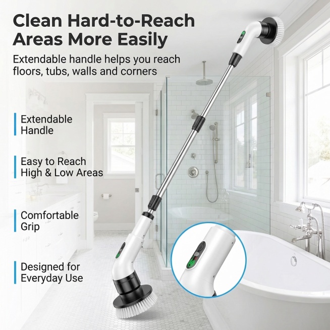 8K premium Amazon lifestyle infographic, white electric spin scrubber with extension handle shown in预览效果