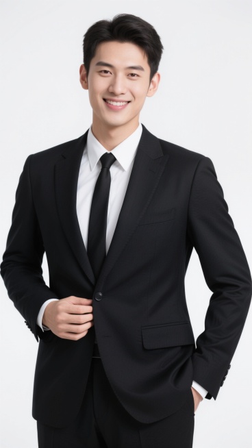 一位年轻亚洲男性，身着剪裁合体的黑色西装，内搭白色衬衫，系着黑色领带，左手自然插在西装裤口袋，右手轻握西装前襟，面带温和微笑，姿态自信挺拔，背景为纯白色，整体呈现清晰、专业、正式的商业人像摄影风格，光线均匀柔和，突出西装的挺括质感与人物的精神面貌。预览效果
