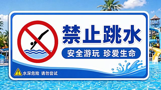 禁止跳水
设计一下水上乐园温馨提示标识牌，画面比例：16:9