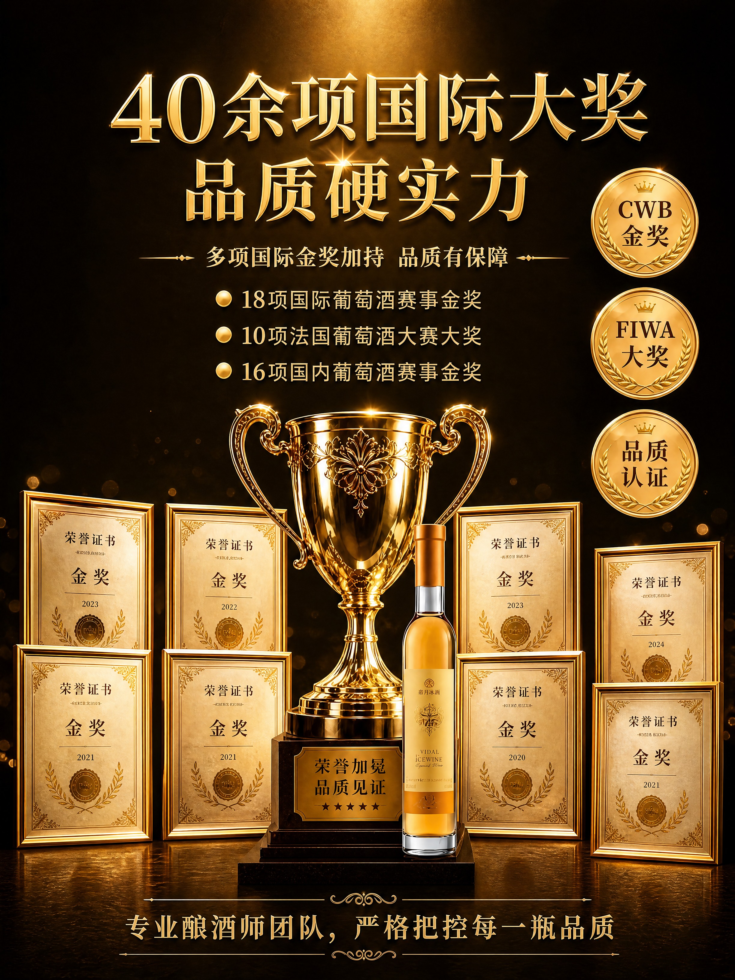 [商品] 使用【图3】帝月冰酒奖项证书墙图；保留中央金色大奖杯… - 图片创意预览