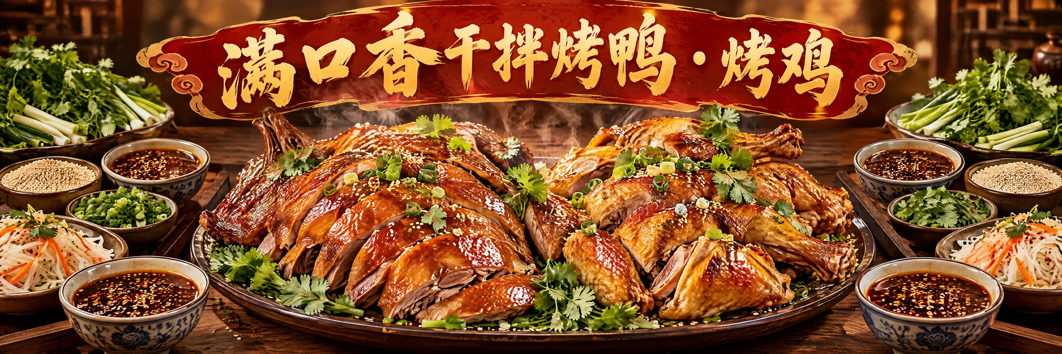 写实美食摄影风格的超宽横幅海报，画面中央是丰盛的干拌烤鸭和烤鸡… - 图片创意预览