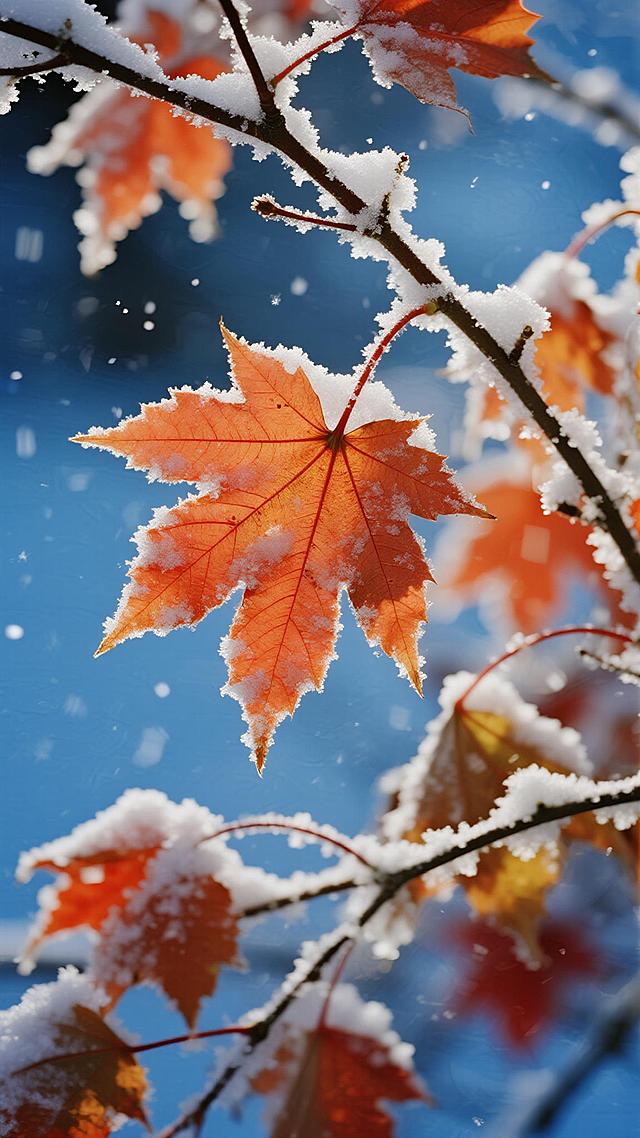 一幅充满诗意的冬日特写，画面中心是几片覆盖着薄薄白雪的枫叶，叶片呈现出温暖的橙红色调，与背景中冷冽的蓝色天空形成鲜明对比；枝干上也积着细雪，雪花在柔和的逆光下如星尘般飘落，营造出宁静而梦幻的氛围；整体采用高清晰度写实摄影风格，强调光影层次与材质细节——枫叶脉络清晰可见，雪粒晶莹剔透，背景虚化处理突出主体；构图运用浅景深与对角线引导视觉聚焦于前景叶片，色彩饱和度适中但对比强烈，传达出秋末冬初交替时既温柔又清冷的情感意境；可将枫叶主色调调整为金黄、酒红或琥珀色以适配不同情绪表达，同时保持雪景的纯净感与光影的通透性不变。