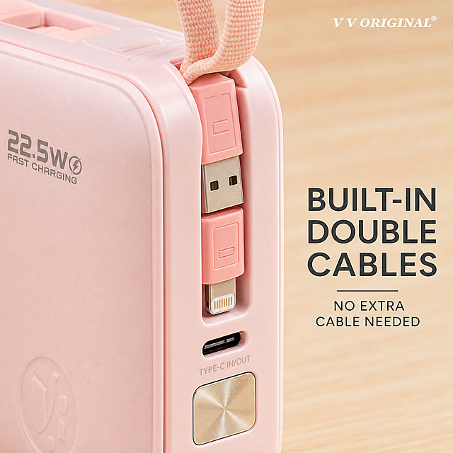 [主图-3] 22.5W power bank interface close-up detail image. Focus on the built-in retractable charging cables interface on the pink power bank side, macro close-up shooting, show the USB and Lightning connectors and retractable structure clearly. Keep product appearance consistent with original image, original VV ORIGINAL® text unchanged, VV ORIGINAL® logo in upper right corner. All English, add text description "BUILT-IN DOUBLE CABLES" "NO EXTRA CABLE NEEDED". No Chinese. Macro photography, texture clear, light soft, high definition. 1:1 square, 2K resolution. Negative prompt: deformation, blur, Chinese characters.