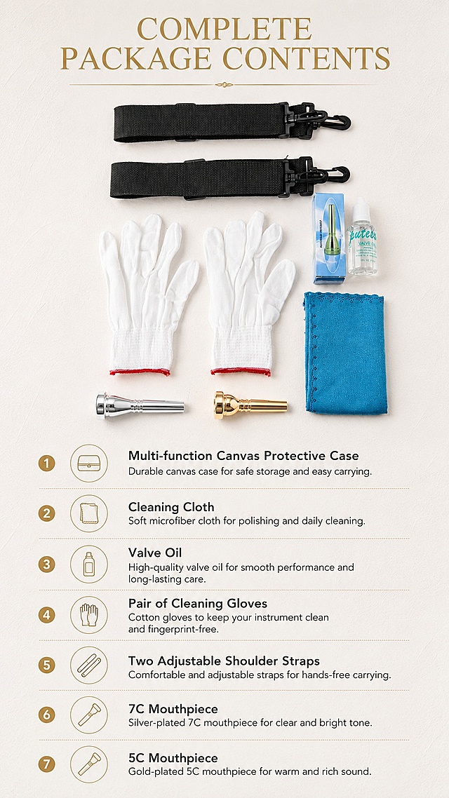 [Screen 7] Full Accessories Introduction page. This screen uses [image2] as the accessories main reference image, show the full package contents.
[Atmosphere/Style] Clean organized display, professional product photography, clear package information.
[Layout/Elements] Upper main area displays all accessories arranged neatly, lower text area lists all items with descriptions. Light off-white textured background, add subtle shadow for depth.
[Lighting/Texture] Soft overhead studio lighting, even illumination on all accessories, clear texture for each item, sharp and natural focus.
[Color Matching] Global background #F8F5F0, product area maintains original accessory colors, text uses dark gray #333333, headings use brass gold accent.
[Perspective/Composition] Top image bottom text layout, accessories arranged in an organized flat lay, clearly show all included items, easy to view all content.
[Text Layout] Top main title "Complete Package Contents". Below the image, the list of accessories: 1. Multi-function Canvas Protective Case  2. Cleaning Cloth  3. Valve Oil  4. Pair of Cleaning Gloves  5. Two Adjustable Shoulder Straps  6. 7C Mouthpiece  7. 5C Mouthpiece. All English text, clear classification, readable font size, no overlapping.
[Proportion/Resolution] 9:16 vertical ratio, 1K resolution, clear text, high quality image.