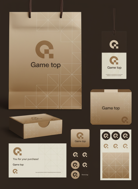 参考这个LOGO，做一套游戏周边品牌视觉设计，品牌名称为“Game top"，包括包装袋， 吊牌，纸盒，感谢卡，贴纸等。土黄色渐变视觉主色调，低调奢华风格预览效果