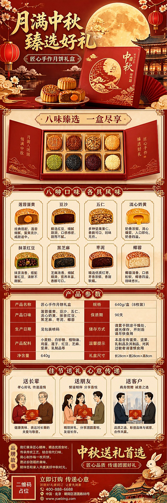 中秋节月饼礼盒信息长图，竖版长图格式，1:3超长高比例。国潮新中式风格，从上到下分为多个信息板块。顶部头图：一轮金色满月下的月饼礼盒主视觉，大标题"月满中秋 臻选好礼"，副标题"匠心手作月饼礼盒"。第二板块：礼盒展示区，展示打开的月饼礼盒全貌，配文"八味臻选 一盒尽享"。第三板块：口味介绍区，用8个小图标和文字分别展示8种口味（莲蓉蛋黄、豆沙、五仁、流心奶黄、抹茶红豆、黑芝麻、枣泥、椰蓉），每个口味配简短说明。第四板块：产品参数区，列出规格（640g/盒，8枚装）、保质期、储存方式等信息，用表格形式呈现。第五板块：送礼场景展示，分别展示送长辈、送朋友、送客户三个场景的小插图。底部板块：品牌故事和购买引导，配"中秋送礼首选"字样和联系方式区域。整体配色以朱红、金色、米白为主，传统纹样装饰分隔各板块。版式精美，信息层次分明，所有文字内容填充完整，不得有空白框。画面中所有二维码区域使用纯色方块占位符呈现，方块中央标注"二维码占位"文字。超高清画质，2K分辨率。