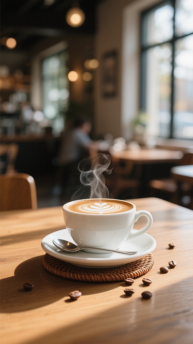 温暖明亮的咖啡厅场景，木质桌面上放着一杯冒着热气的拿铁咖啡，咖啡表面有精致的拉花图案，白色陶瓷咖啡杯配同色系碟子，碟子上放着银色小勺子，杯下垫着棕色编织杯垫，散落几颗咖啡豆，柔和的自然光从窗户洒入形成斑驳光影，背景虚化呈现咖啡厅内部温馨模糊的环境，整体氛围舒适惬意，具有写实的质感和细腻的光影表现。