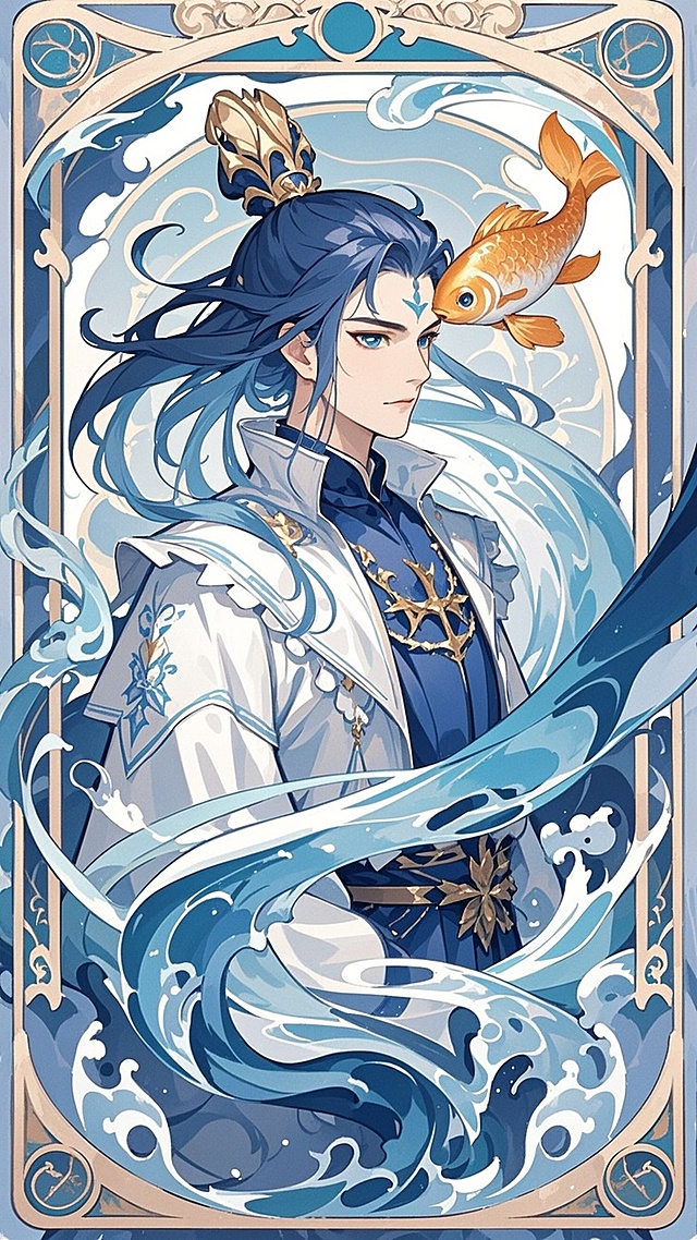 敖丙半身，站在画面中间，周围全是水流环绕的纹样，白蓝配色