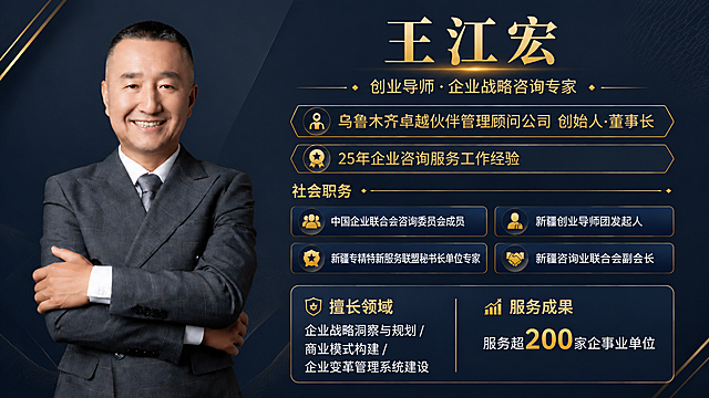 横版商务形象海报，左侧为人物半身肖像区（保留原图中王江宏先生身穿灰色格纹西装、双臂交叉、面带微笑的形象，人物完整清晰，面部特征不变），右侧为信息展示区。整体风格简洁商务、专业大气、稳重可信，深蓝灰色调为主，搭配金色点缀线条。

画面中必须完整呈现以下文字信息：
主标题："王江宏"
副标题："创业导师 · 企业战略咨询专家"
核心头衔："乌鲁木齐卓越伙伴管理顾问公司 创始人·董事长"
资历："25年企业咨询服务工作经验"
社会职务（标签式排列）：
- "中国企业联合会咨询委员会成员"
- "新疆创业导师团发起人"
- "新疆专精特新服务联盟秘书长单位专家"
- "新疆咨询业联合会副会长"
擅长领域标题："擅长领域"
擅长内容："企业战略洞察与规划 / 商业模式构建 / 企业变革管理系统建设"
服务成果："服务超200家企事业单位"

版式精美，信息分区清晰，人物与文字左右分栏布局，左侧人物占画面约45%，右侧信息区占55%。信息区采用卡片式分层设计，头衔标签用金色细线装饰，社会职务用图标+短句排列。背景为深灰蓝色渐变，带有微弱的几何线条纹理，整体高级有质感。右下角不放置二维码，用服务成果或擅长领域的内容自然填充该区域，保持画面平衡完整。

画面中所有数字必须精确渲染，不得错位、遗漏或编造。画面中所有信息区域必须填充完整合理的内容，不得出现空白框、空白占位或待填写区域。画面中不得出现任何二维码或二维码占位符。