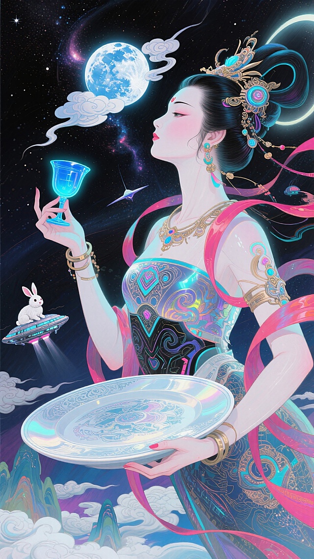 国潮风插画，融合中式美学与未来科技，嫦娥身着霓虹光影华服，手持发光酒杯与托盘，背景星空幻月，玉兔乘飞碟穿梭，梦幻浪漫，神秘优雅，展现虚拟现实中的超现实中秋意境。