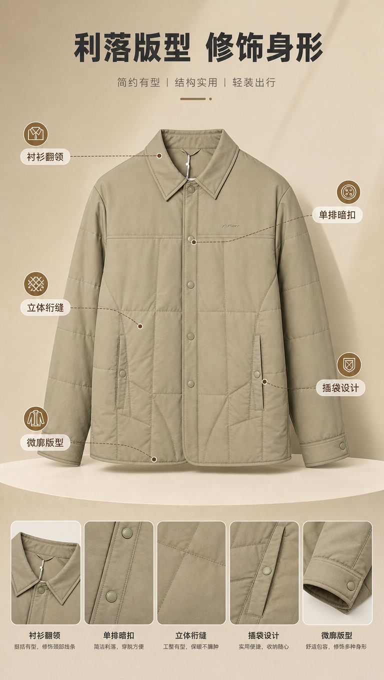 [商品] 使用【图1】卡其色衬衫领轻薄棉服夹克；商品处理：保留… - 图片创意预览