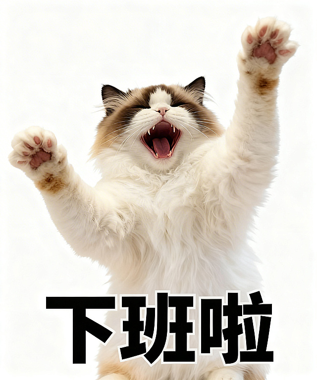 将图中的橘白猫咪替换为图二的棕白布偶猫，保持猫咪举爪欢呼的姿势、白色背景和下方“下班啦”的黑色粗体文字不变