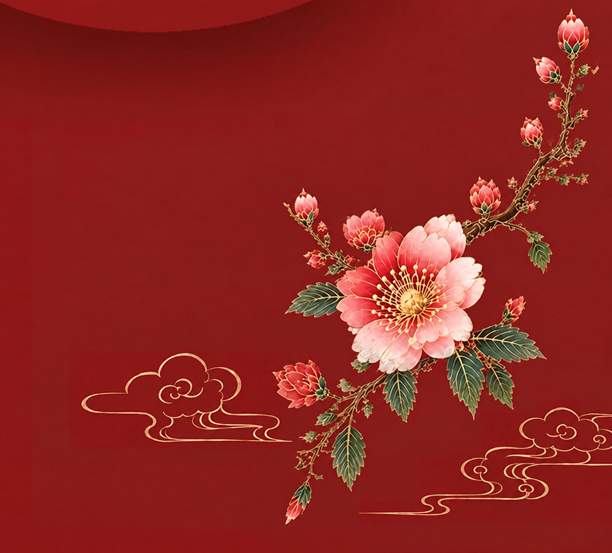 去除图中所有的金色铜钱金币，保留其余所有元素：红色背景、粉色牡… - 图片创意预览