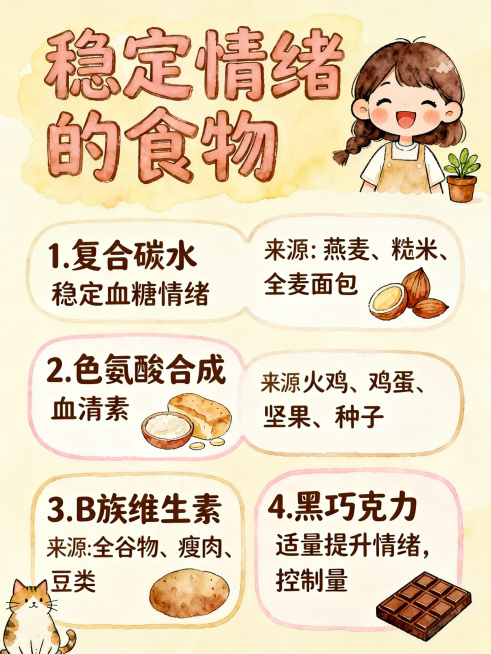 竖版3:4构图，暖色调手绘水彩风，线条柔和，米黄、浅粉、浅棕配色。画面中有Q版卡通女生，表情愉悦，角落点缀猫咪和小盆栽。上方加粗大号标题“稳定情绪的食物”，下方分四个圆角边框模块：1. 复合碳水：稳定预览效果