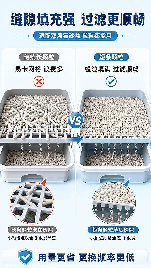 [第4屏] 缝隙填充强卖点页-双层猫砂盆适配过滤更顺畅。本屏使用【图2】作为颗粒填充主体。
[氛围/风格] 科技功能演示风，剖面示意图，浅蓝科技感，清晰直观的功能展示，商业设计质感。
[元素布局] 画面展示双层猫砂盆剖面示意图，上层网格+下层抽屉结构，短条颗粒紧密填充在网格缝隙中，细小颗粒顺畅漏下；左侧为传统长颗粒堵塞网格对比，右侧为短颗粒顺畅过滤效果；颗粒形态与输入图一致。
[光影质感] 均匀柔光，剖面结构清晰，颗粒填充密实度可见，网格线条利落，整体干净专业。
[配色色系] 全局底色 #EAF6F9 浅青蓝；主色深青蓝 #3D95B5；辅助色白色、浅灰网格、橙色对比标注。
[视角构图] 左右对比分栏构图，左侧传统颗粒问题，右侧短颗粒优势，中间箭头指向改善方向，阅读动线顶部标题 → 左右对比 → 底部结论。
[文字版式] 顶部主标题「缝隙填充强 过滤更顺畅」，副标题「适配双层猫砂盆 粒粒都能用」；左侧对比区标注「传统长颗粒 易卡网格 浪费多」，右侧优势区标注「短条颗粒 缝隙填满 过滤顺畅」；底部结论条「用量更省 更换频率更低」；黑体字，信息层级分明。
[比例分辨率] 9:16 竖版比例，4K超清分辨率，文字清晰可辨，字体不变形。
[负向提示词] 结构错误，颗粒形态不符，文字错乱，水印，颜色偏差，字体变形。
