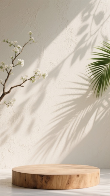一张具有自然简约风格的背景图，画面主体为一面带有细腻纹理的米白色墙面，阳光透过枝叶在墙面上投下斑驳交错的细长阴影，营造出温暖柔和、宁静舒适的氛围。画面左侧有一截带有白色小花朵的树枝从上方延伸下来，右侧角落处有一片绿色的棕榈叶部分露出。墙面前方放置着一个圆形的原木色木质底座，木纹清晰可见，整体构图采用简约的自然美学，色彩以米白、原木色和绿色为主，光影层次丰富，质感细腻真实，适合作为展示物品的背景……预览效果