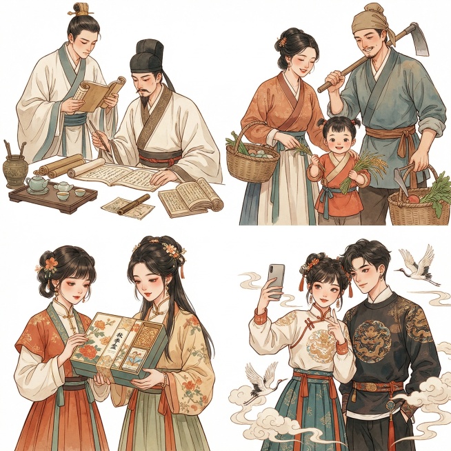 包含四类人群，每类1-2人，共四个区块排列，保持纯白背景，风格参考第二张图的复古国风插画风格：1 文化爱好者对传统文化有浓厚兴趣，是研学营和礼盒的核心用户；2 80后90后父母组成的研学家庭，带孩子参预览效果