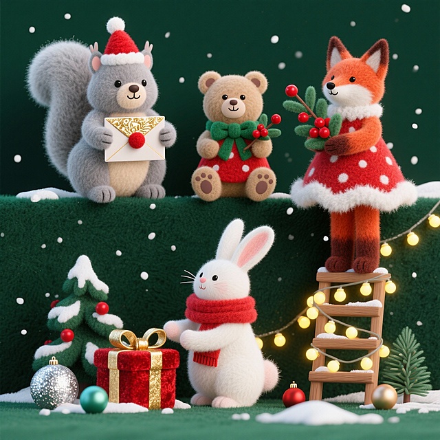 深墨绿色植绒背景（带细雪纹理），4个圣诞元素上下两行对齐排列：
1. 戴红绒球圣诞帽的灰松鼠，爪握烫金花纹信封，蹲坐抬爪轻叩信封封口，尾巴蓬松沾白霜
2. 浅棕小熊身着红底白点毛绒裙（裙摆带毛边），颈系绿丝带蝴蝶结，双手捧着缀红浆果的迷你松枝，歪头眨眼露爪垫
3. 白耳粉鼻兔子围厚绒红围巾，前爪拉紧鎏金礼盒的红丝绒带，礼盒旁散落银箔彩球与松针，眼神专注抿嘴
4. 赤狐踮脚站在迷你木梯上，爪握暖黄彩灯串缠绕雪松枝，耳尖别红浆果，身后飘落六角雪花，爪边搭着小彩球