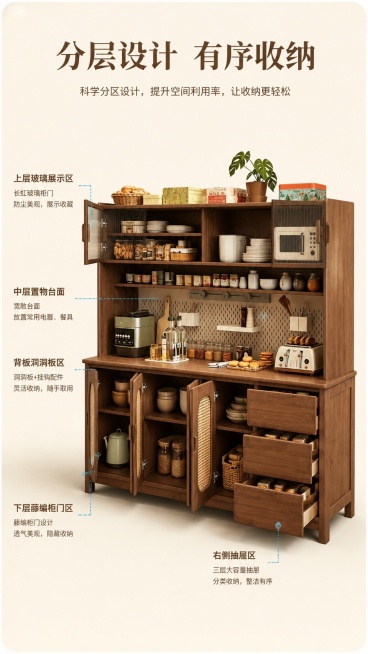 [第4屏] 柜体结构解析-实木餐边柜分层收纳结构展示页。本屏使用【图1】作为柜体主体。
[氛围/风格] 通透结构展示，清晰功能分区，干净简约背景，专业排版风格。
[元素布局] 柜体居中展示，打开柜门和预览效果