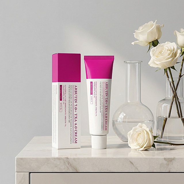 熊果苷烟酰胺面霜产品摆放在浅大理石台面上，包装和图中的面霜完全一致，旁边有精致的玻璃器皿和白色的玫瑰花装饰，背景是简约的浅灰色墙面，柔和的自然光打在产品上，突出面霜的质感，整体画面高级简约，1:1比例