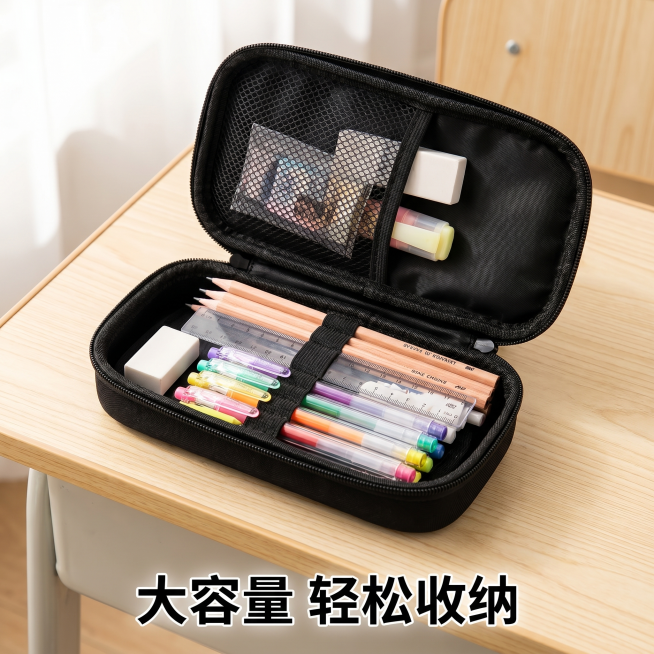 [主图-3] 笔袋放置学习文具展示容量图。
[氛围风格] 生活化展示，实用感
[画质] 商业摄影质感、光线柔和通透、产品清晰真实、画面干净高级
[元素] 打开的笔袋放置在教室课桌上，内部放入铅笔、橡皮预览效果
