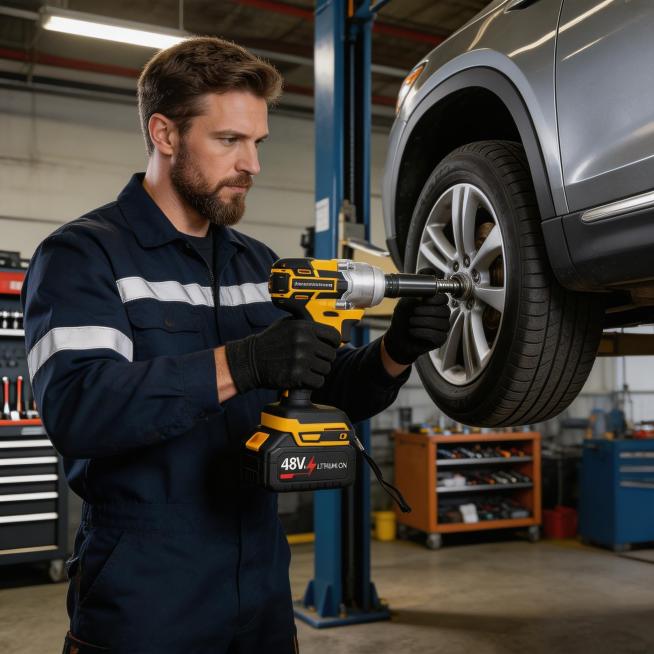 基于原图，生成一张欧美维修师傅在汽车维修车间，手持电动扳手拆卸汽车轮胎的使用场景图，保持电动扳手产品主体形态不变，保持原有文字和Logo不变，人物为欧美面孔，符合亚马逊跨境电商风格，真实工业风，硬朗室预览效果