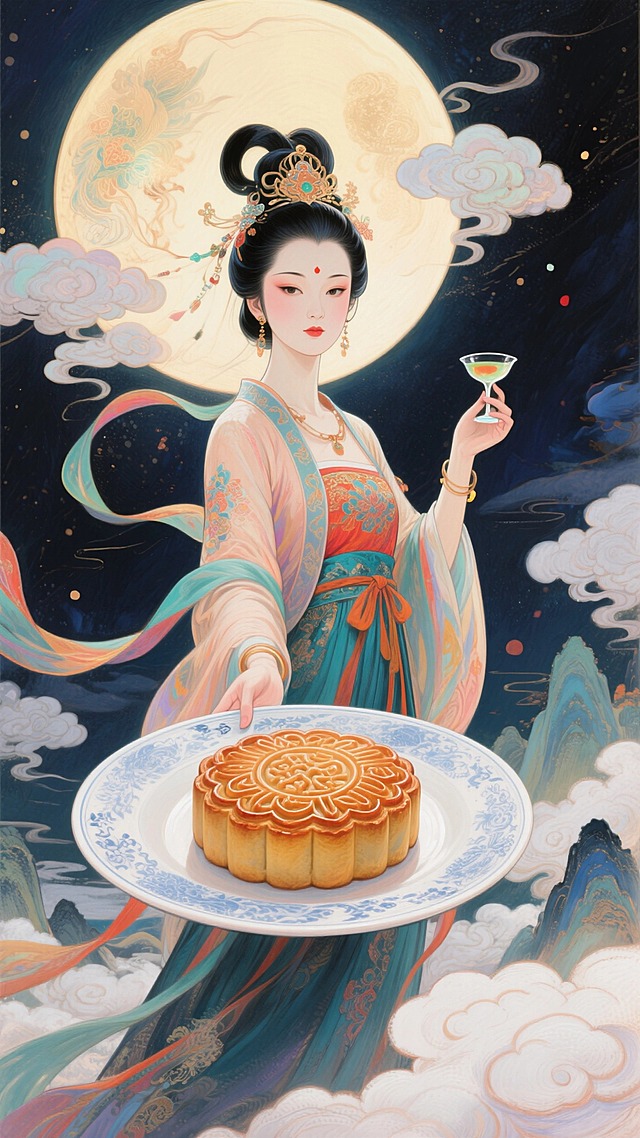 嫦娥上半身近景特写，右手拿着巨大的盘子伸向前面，里面有月饼，左手举着酒杯，人物看向前方，强烈的仰视透视感，广角镜头，背景是深色夜空背景