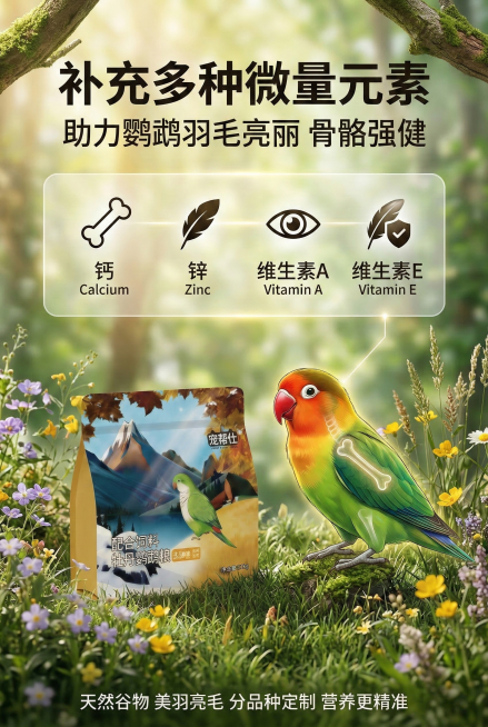 2:3竖版尺寸，主标题「补充多种微量元素」，副标题「助力鹦鹉羽毛亮丽 骨骼强健」，画面可视化展示微量元素相关元素图标（钙、锌、维生素等），搭配鹦鹉健康羽毛与骨骼的插画，背景为清新自然场景，穿插宠帮仕鹦预览效果
