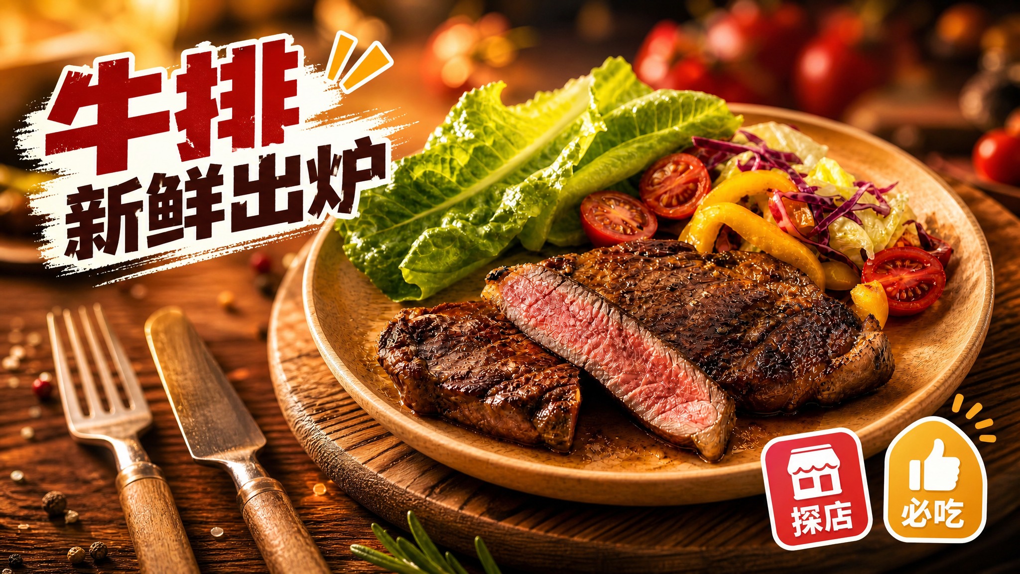 活力美食风格，暖色背景，中心是一盘色泽诱人的牛排，搭配新鲜的蔬… - 图片创意预览