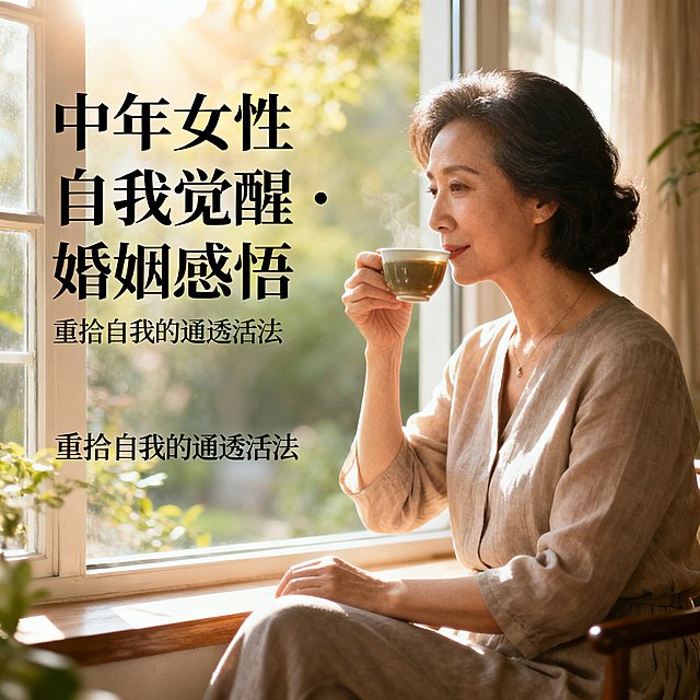 封面主图，主题为#中年女性#自我觉醒 #婚姻感悟，治愈温馨风格，画面为一位从容优雅的中年女性，窗边安静品茶，阳光洒落，整体氛围通透松弛，文字主题搭配自然生活场景，体现女性自我重生拾起自我的通透活法