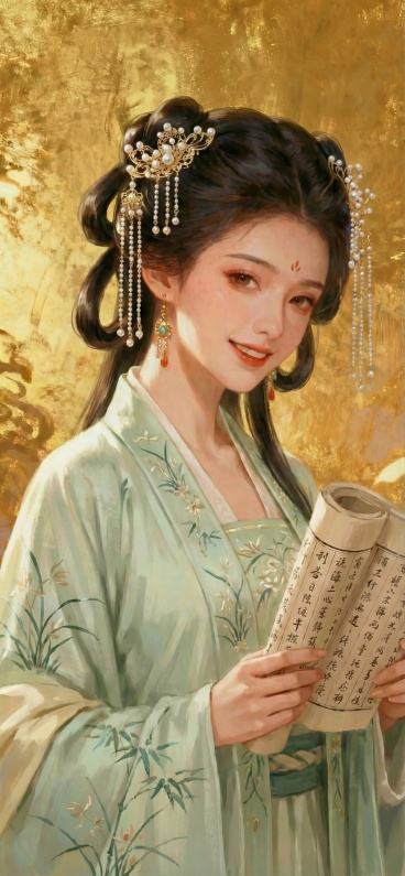 将发型更换为垂鬟分肖髻，搭配珍珠步摇预览效果