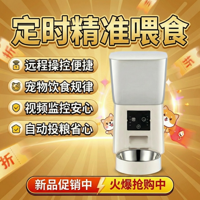 制作拼多多爆款宠物喂食器主图，采用黄色暖光背景，文字添加金色描边，添加小狗互动场景插画，突出“定时精准喂食”“远程操控便捷”“宠物饮食规律”“视频监控安心”“自动投粮省心”卖点预览效果