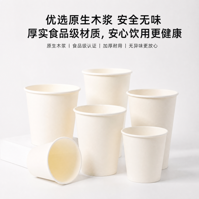 1688电商主图，正方形比例，展示一次性纸杯材质卖点，文案："优选原生木浆 安全无味 厚实食品级材质，安心饮用更健康"，简约干净白色背景，突出产品材质，商务电商风格，清晰干净，参考上传图片的产品风格预览效果