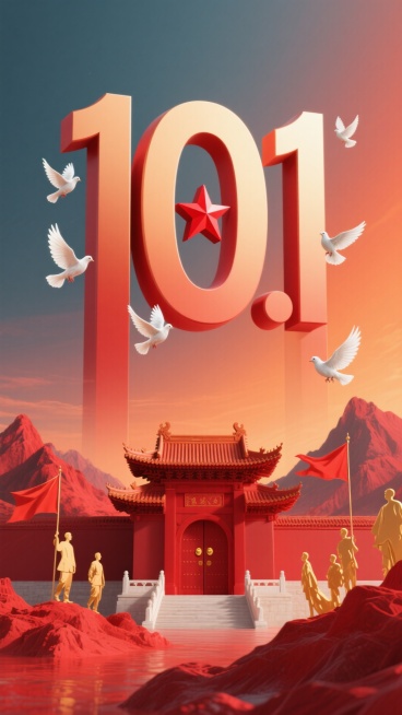 从暖红色到橙色渐变的绚丽背景，好似绚烂晚霞铺满画面。画面中央焦点是巨大的金色 “10.1” 数字，数字线条流畅，散发着耀眼光芒。其中 “0” 里镶嵌着一颗鲜艳的红色星星，
围绕着金色数字，白鸽优雅地展预览效果