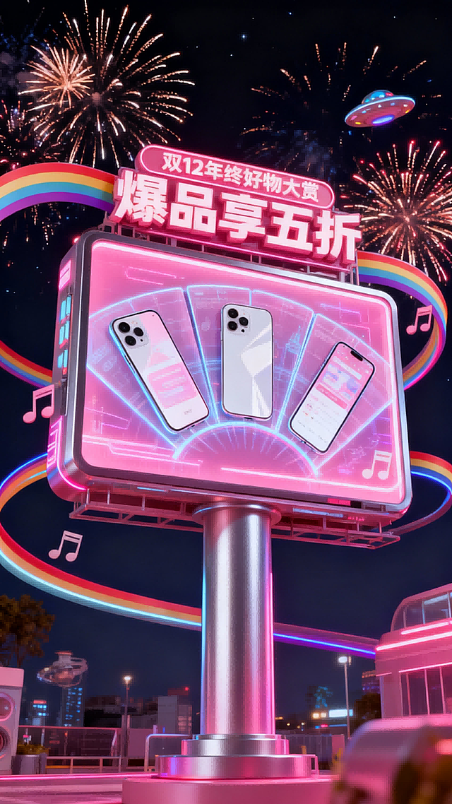 广角仰视构图，潮流酸性设计，粉色、银色为主色调。画面中心是立体促销大屏，有立柱支撑，全息展示图示手机（3个，扇面式展开）。大屏顶部标题”双12年终好物大赏““爆品享五折”。周围有彩虹带、飞碟、音符装饰。烟花夜景背景。