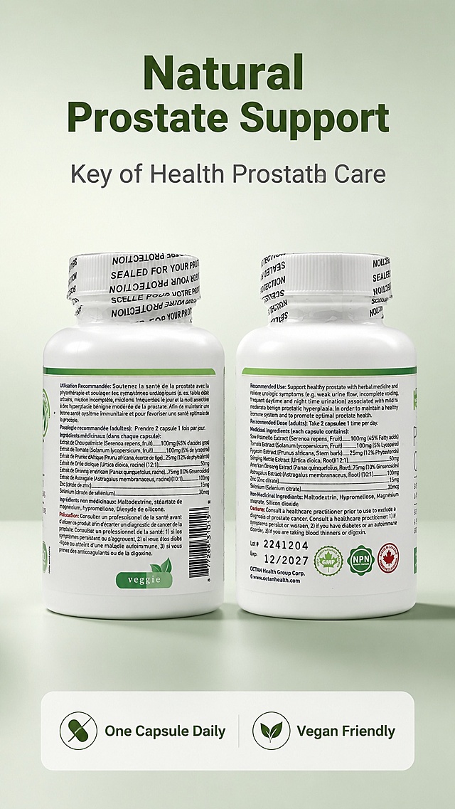 [第1屏] 详情页头图-Key of health Prostate Care前列腺护理胶囊产品宣传海报。本屏使用【图1】和【图2】拼接展示商品主体，瓶身结构、包装文字、认证标识与输入产品图一致。
[氛围/风格] 简约专业的跨境健康护理风格，低饱和绿色渐变背景，真实商业摄影质感，整体客观可信。
[元素布局] 产品瓶身居中放置，占画面约65%-70%，顶部预留大标题区域，底部预留信息条区域。产品轮廓、瓶身颜色、标签版式与原图完全一致。背景搭配浅橄榄绿色渐变，增加柔和光影层次。
[光影质感] 顶部柔光打亮瓶身，右侧自然投影，瓶身标签文字清晰可见，整体明暗均匀通透。
[配色色系] 全局底色 #F0F5F0；主色：瓶身白色+标签绿色；辅助色：深绿色文字，浅灰色背景渐变。
[视角构图] 正面平视，产品为视觉中心，阅读动线：顶部标题 → 中心产品 → 底部信息条。
[文字版式] 版式：顶部标题 + 中心产品 + 底部信息条。主标题「Natural Prostate Support」，副标题「Key of Health Prostate Care」，主标题加粗深绿色，副标题浅灰色，均顶部居中。底部信息条标注："One Capsule Daily | Vegan Friendly"，文字清晰不遮挡产品主体。
[比例分辨率] 9:16 竖版比例，4K分辨率，文字清晰可辨，高清画质。
[负向提示词] 瓶身变形，包装文字错乱，缺件错件，颜色偏差，中文字符，绝对化宣传，水印，背景杂乱