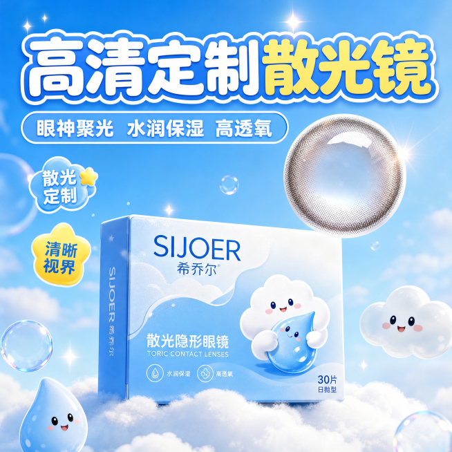 淘宝电商主图，商品为SIJOER希乔尔散光隐形眼镜，展示商品包装盒和镜片，突出卖点：高清定制 眼神聚光 水润保湿 高透氧，风格参考提供的参考图，清新明亮的浅蓝色调，带云朵和可爱卡通元素，整体风格清新活预览效果