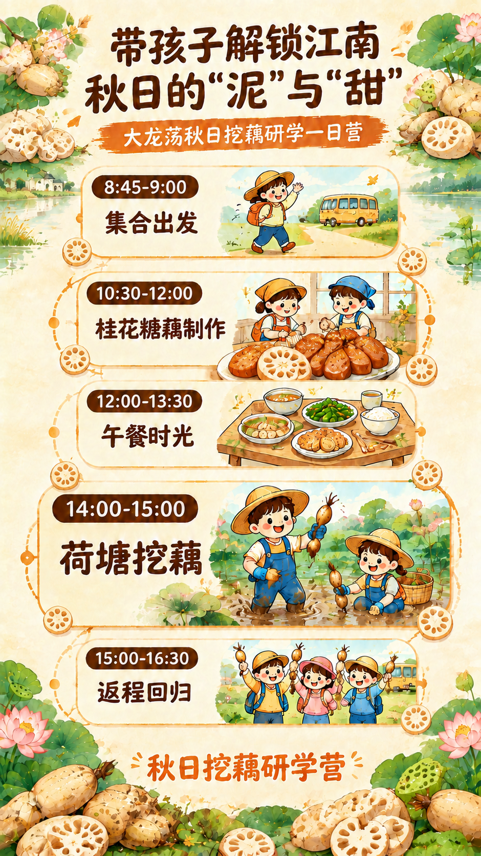 修改海报中的时间文字：将第4个环节"荷塘挖藕"的时间从"14:… - 图片创意预览