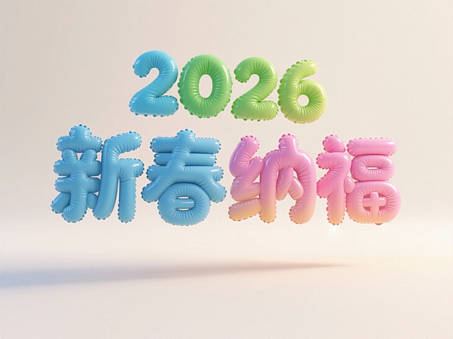 “2026 新春纳福” 立体字，悬浮在半空中，一个词一个色，色彩分别为蓝、绿、粉，上下渐变效果，充气膨胀的布料质感，圆润造型，米白背景