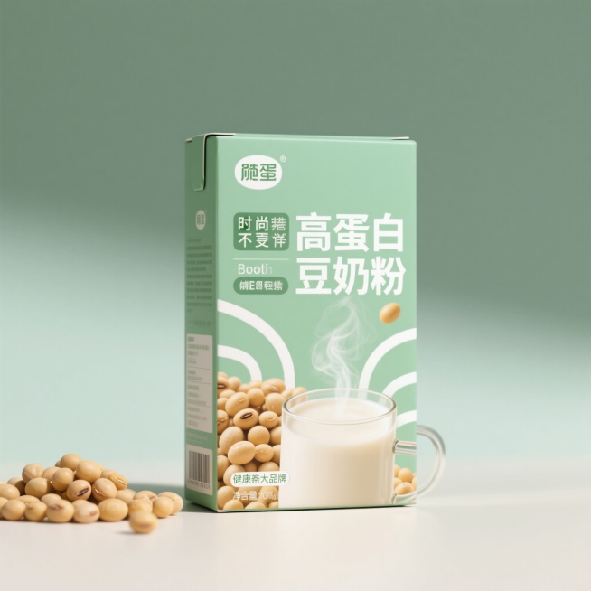 一个竖着的长方形高蛋白豆奶粉包装盒，正面印有“高蛋白豆奶粉”和英文设计字体，字体时尚不死板，左侧摆放饱满的大豆实物，右侧是一杯冒着热气的豆奶，背景为浅绿色渐变搭配白色简约线条，整体排版时尚，风格清新、预览效果