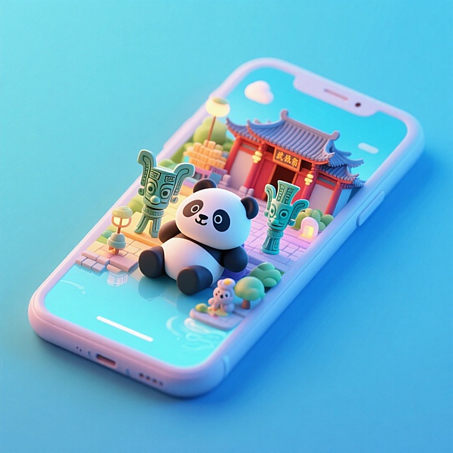 一个手机创意微缩场景，手机平放，侧面对着观众，手机俯视角度，立体的成都景观从屏幕内出来，有熊猫，三星堆，武侯祠，整体色调立体魔幻。青色背景。具有梦幻感,打光营造出柔和氛围强调梦幻和未来感的美学。