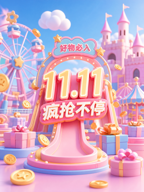 3D渲染风格，双11电商促销海报，参考图的马卡龙粉蓝游乐场氛围感，整体采用3:4画面比例，主标题文字为"11.11"，副标题文字为"疯抢不停"，装饰文字为"好物必入"，构图改为滑梯作为主视觉承载主标题预览效果