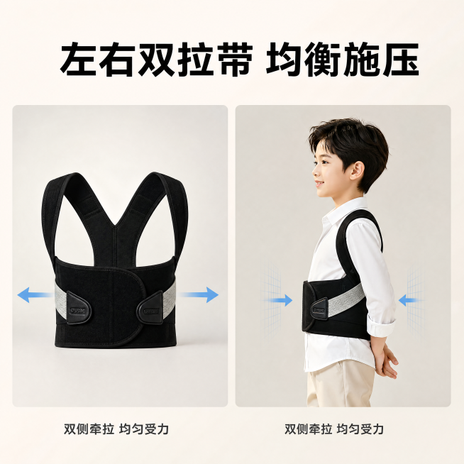 [主图-4] 三步挺坐姿矫正器结构展示，清新自然风格，上标题下方宫格排版。
[氛围风格] 清新自然，功能清晰展示
[画质] 商业摄影质感，光线柔和通透，产品清晰真实，画面干净高级
[元素] 顶部主标题预览效果