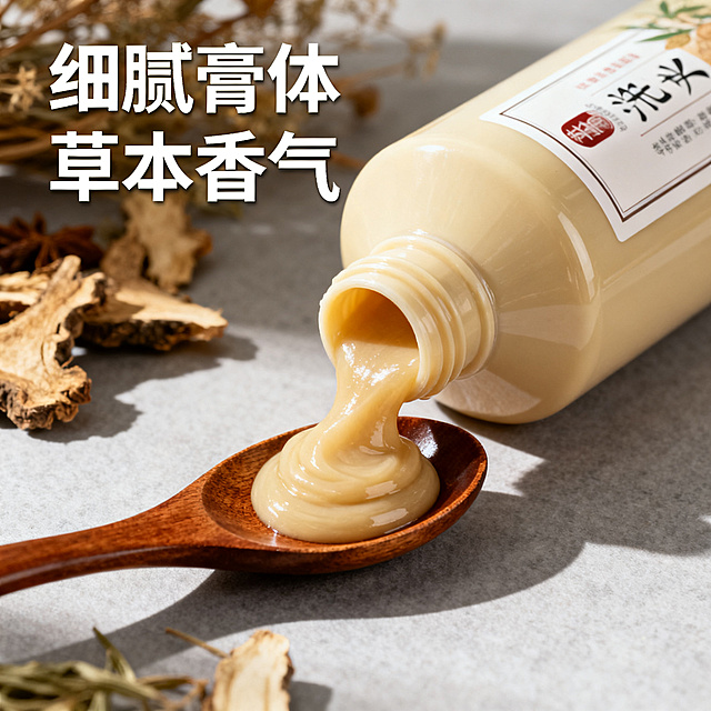 [主图 3] 中药洗头膏质地细节展示图；
[氛围风格] 真实洁净，质感突出；
[画质] 商业摄影质感、光线柔和通透、产品清晰真实、画面干净高级；
[元素] 挤出一点洗头膏膏体在木质调羹上，瓶子斜靠在旁边，展示膏体细腻纹理与草本色泽，背景搭配干枯中草药装饰，整体干净简洁。保持产品外观清晰真实，杜绝任何变形和色差，精细化处理。商品主体占比控制在 70% 左右，画面满屏无边框；
[光影] 侧逆光突出膏体质感，光线清透，展示膏体细腻度与光泽，背景柔和虚化；
[配色] 浅灰色调背景搭配膏体自然米黄色，木质棕色点缀，干净高级；
[视角构图] 平视斜拍特写，突出膏体质感细节，景深较浅突出主体；
[文字版式] 左侧文字「细腻膏体 草本香气」，字体大小对比清晰，文字不遮挡膏体主体；
[比例分辨率] 1:1 比例，2k 分辨率，文字清晰可辨，超高清；
[负向提示词] 变形，水印，文字错乱，产品图模糊，背景杂乱，医疗功效暗示，绝对化用语