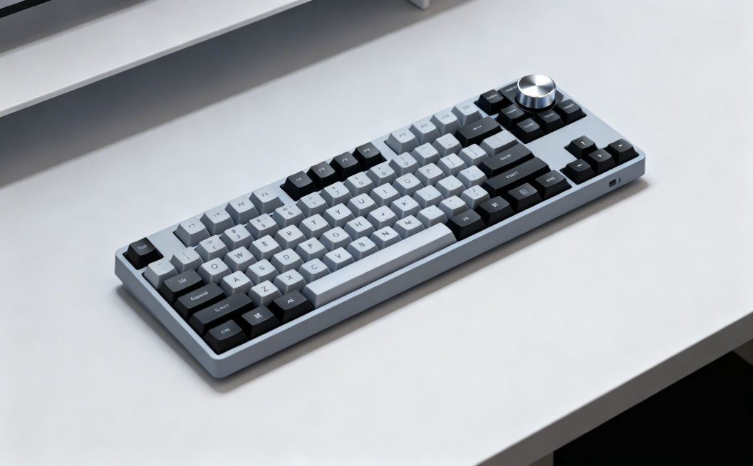 生成简约有质感的3C产品展示场景，摆放图中的浅灰黑配色带银色旋钮的机械键盘，键盘外观完全保留原有设计，整体风格简洁高级，适合作为产品宣传图预览效果
