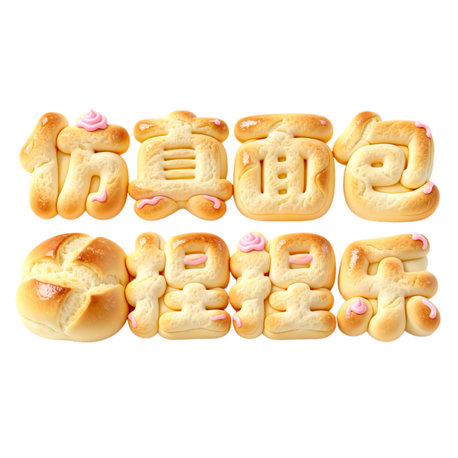 干净的纯白色背景。3D艺术字体设计，六个字"仿真面包捏捏乐"，所有文字单行横向排列，笔画整体做圆润饱满的膨胀变形处理，模拟软乎乎捏捏乐的手感。每个文字都由仿真松软面包制成，字体主体呈奶黄色，表面带有细预览效果