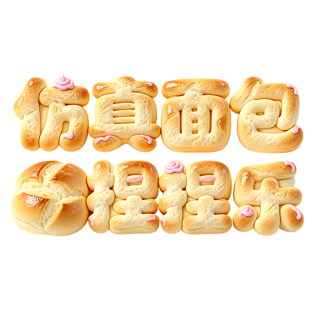 干净的纯白色背景。3D艺术字体设计，六个字"仿真面包捏捏乐"，所有文字单行横向排列，笔画整体做圆润饱满的膨胀变形处理，模拟软乎乎捏捏乐的手感。每个文字都由仿真松软面包制成，字体主体呈奶黄色，表面带有细腻的面包纹理和烤制光泽，部分笔画点缀粉色奶油装饰。仅包含六个字："仿"、"真"、"面"、"包"、"捏"、"捏"、"乐"，不得增加、遗漏或替换任何一个字。整体卡通可爱风格。比例1:1。