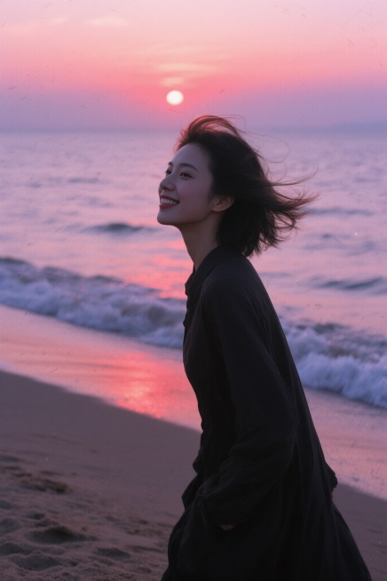 风中回眸的半身人像，惊艳容貌，蓬松刘海在海风中飘动，动态模糊的发丝分离如落日余晖，嘴角上扬带着对生活的热爱，侧身正面照。暗调转化为沙滩落日氛围，沙滩上有夕阳余晖，海浪轻轻拍打岸边，超现实主义与印象派融预览效果