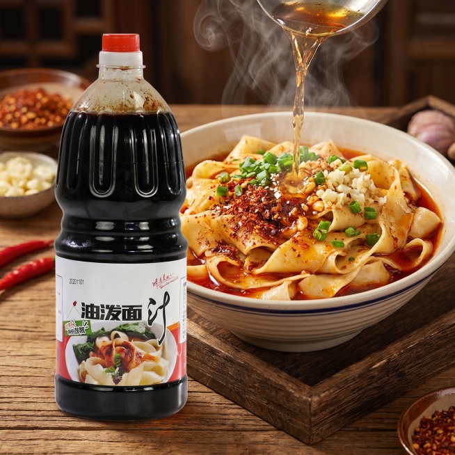 油泼面汁商品融合海报，融合油泼面美食，氛围感，美食诱惑，商用场景，无文字预览效果